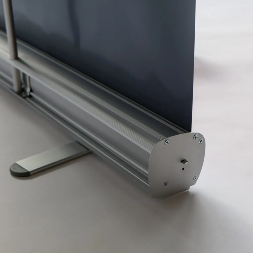 Close-up of the aluminium roller banner base, end cap and twist-out foot