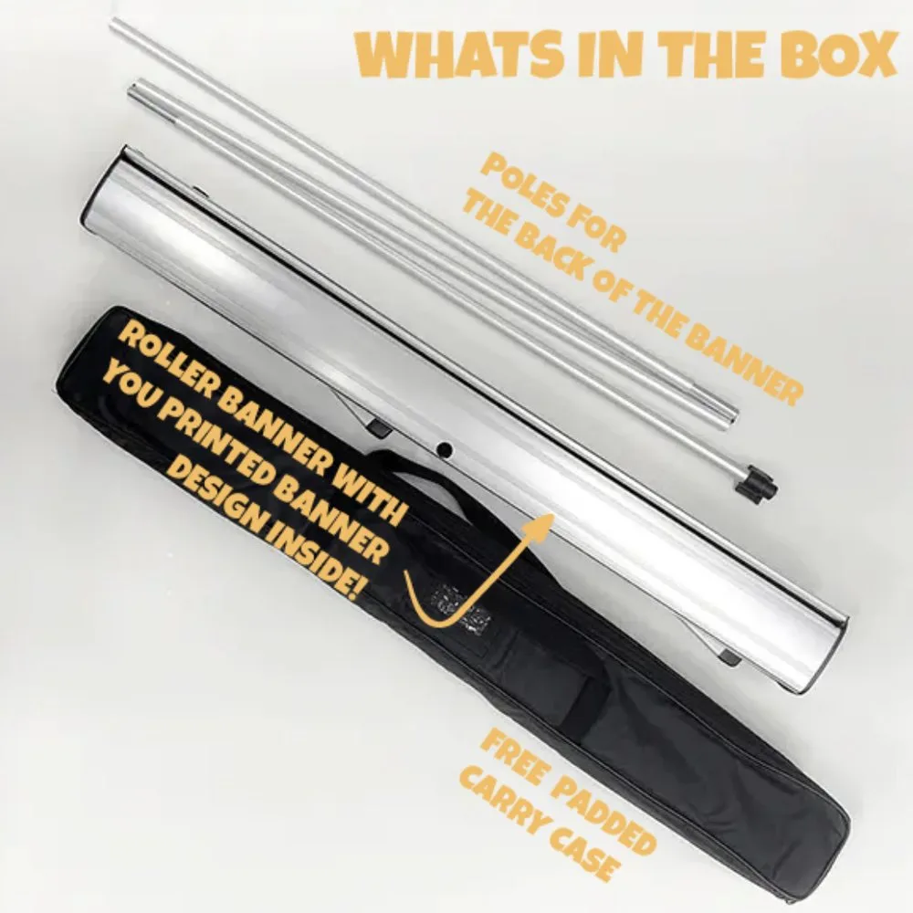 What's in the box: roller banner base with your printed graphic inside, three back poles and the free padded carry case